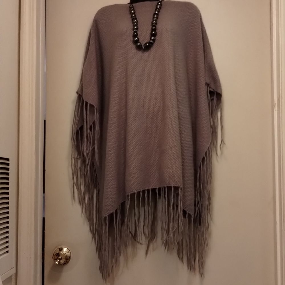 Grey Fringed Sweater Poncho Warm & Fashionable! - Picture 2 of 4